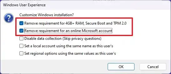  «Remove requirement for 4GB+ RAM, Secure Boot and TPM 2.0» را علامت بزنید.